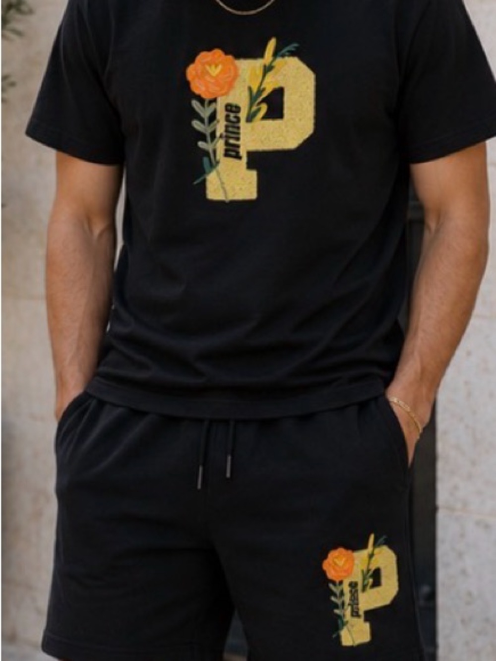 Prince Black Tee and Shorts Set with Yellow 'P' and Orange Floral